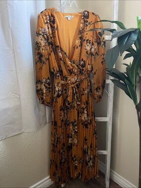 Women's Mustard Floral Pleated Maxi Dress with Tie Waist